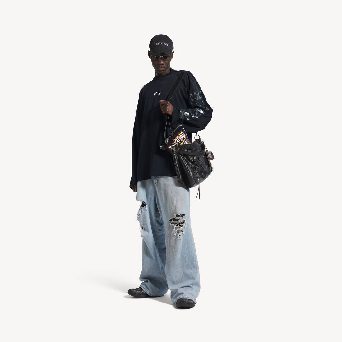 Herrars transparenta tape förskjutna oversized långärmar T-shirt i släckt svart