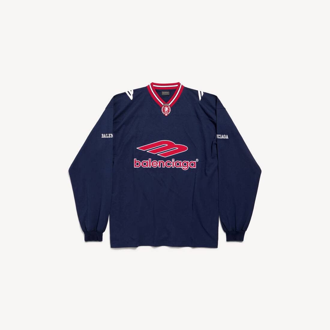 Herrars 3b fotboll långärms V-hals T-shirt i mörk blå/röd