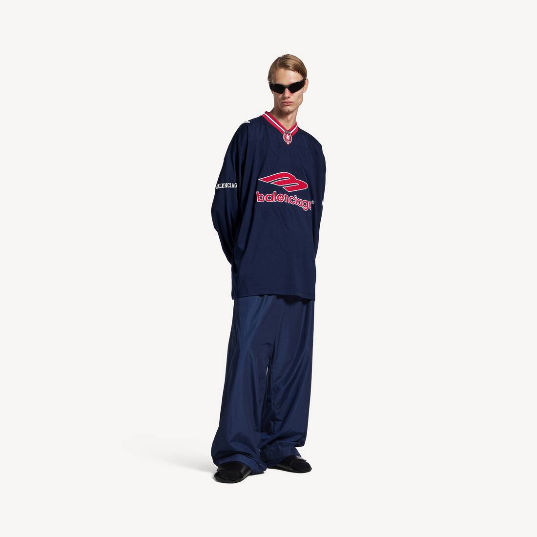 Herrars 3b fotboll långärms V-hals T-shirt i mörk blå/röd