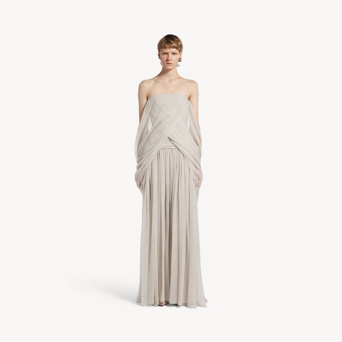 Dame draperad bustierklänning i ljus beige